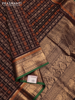 Coffee Brown & Green Kanchipuram Silk Cotton - Checks