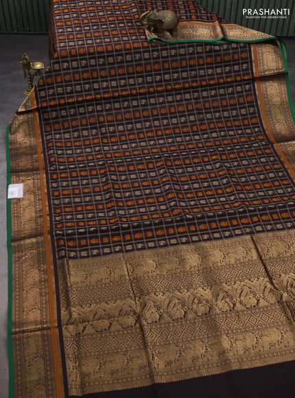 Coffee Brown & Green Kanchipuram Silk Cotton - Checks