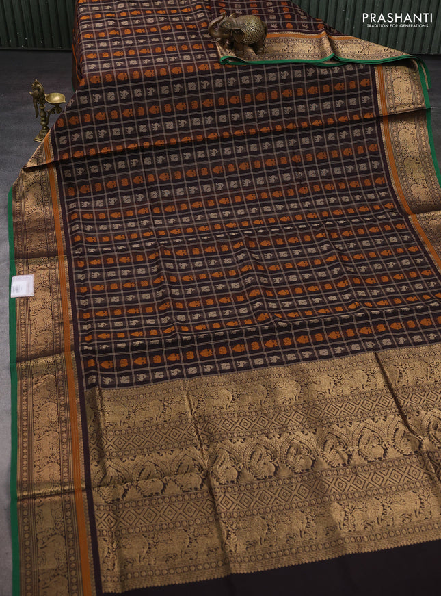 Coffee Brown & Green Kanchipuram Silk Cotton - Checks