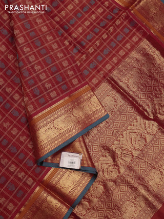 Red & Peacock Blue Kanchipuram Silk Cotton - Checks