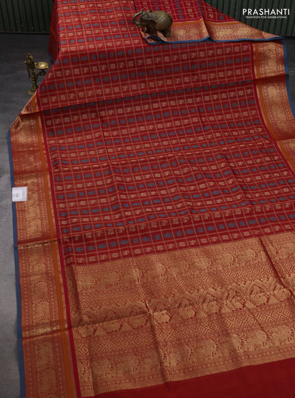 Red & Peacock Blue Kanchipuram Silk Cotton - Checks