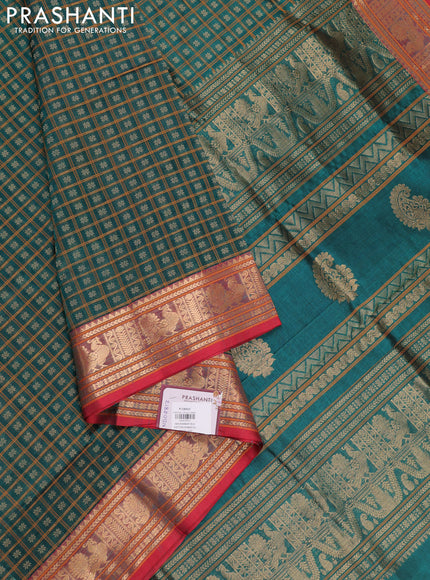 Peacock Green & Red Kanchipuram Silk Cotton - Checks