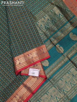 Peacock Green & Red Kanchipuram Silk Cotton - Checks