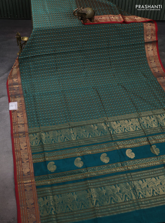 Peacock Green & Red Kanchipuram Silk Cotton - Checks