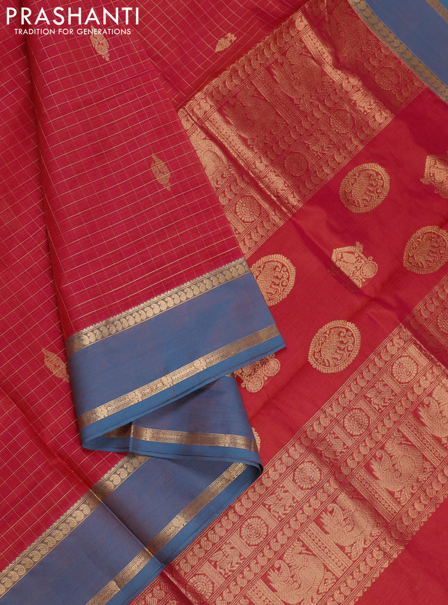 Pink & Peacock Blue Kanchipuram Silk Cotton - Checks