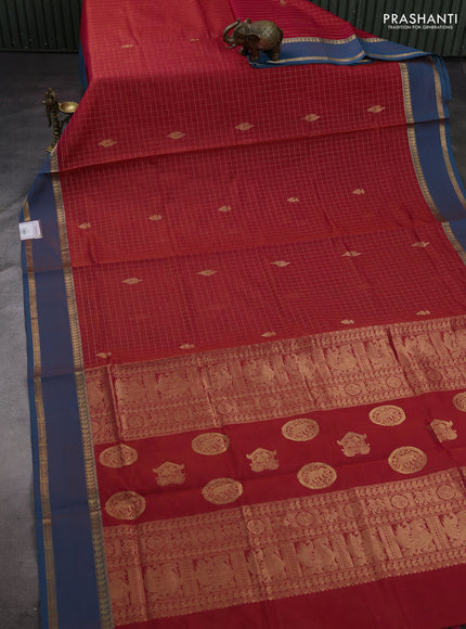 Pink & Peacock Blue Kanchipuram Silk Cotton - Checks