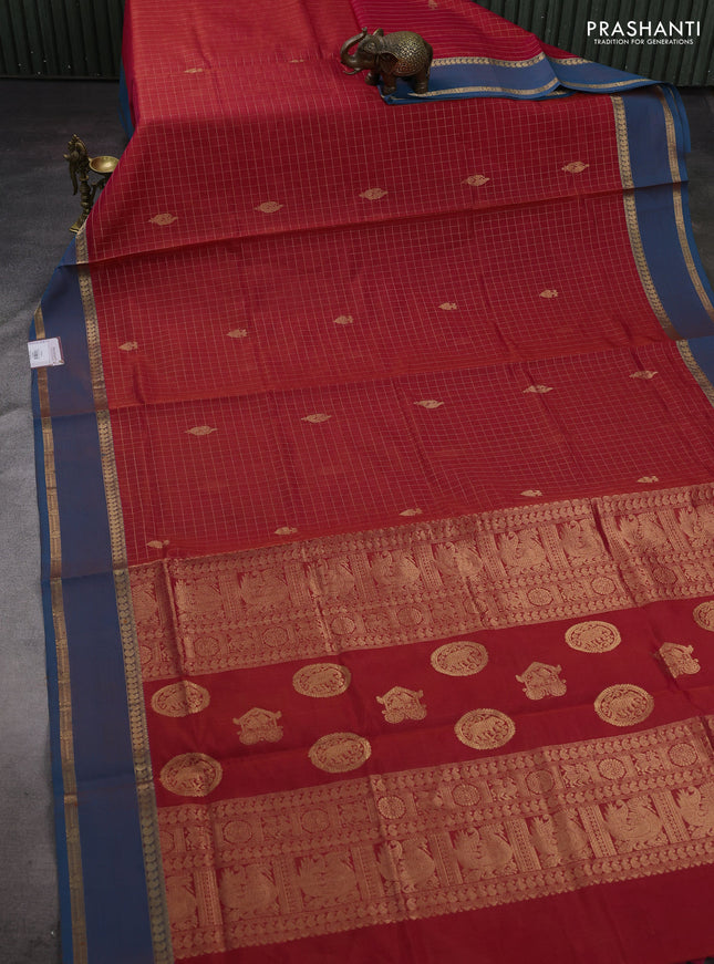 Pink & Peacock Blue Kanchipuram Silk Cotton - Checks