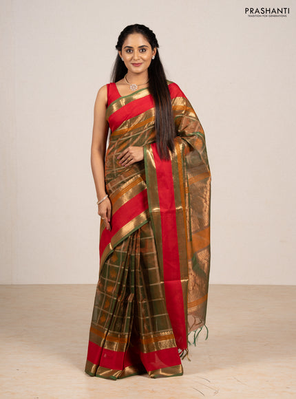 Green & Red Kanchipuram Silk Cotton - Checks