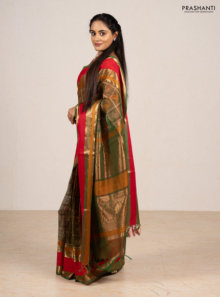 Green & Red Kanchipuram Silk Cotton - Checks