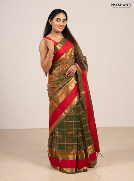 Green & Red Kanchipuram Silk Cotton - Checks