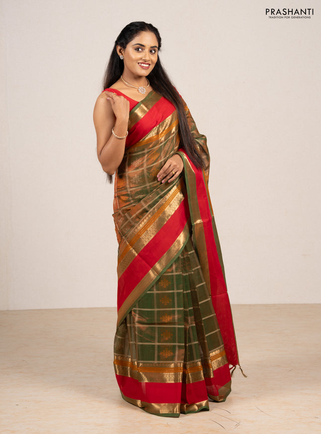 Green & Red Kanchipuram Silk Cotton - Checks