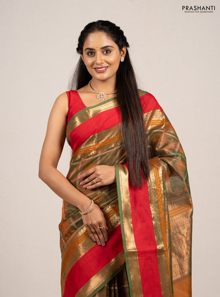 Green & Red Kanchipuram Silk Cotton - Checks