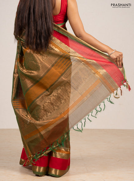Green & Red Kanchipuram Silk Cotton - Checks