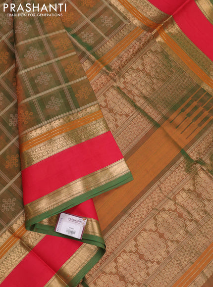 Green & Red Kanchipuram Silk Cotton - Checks