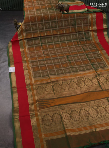 Green & Red Kanchipuram Silk Cotton - Checks