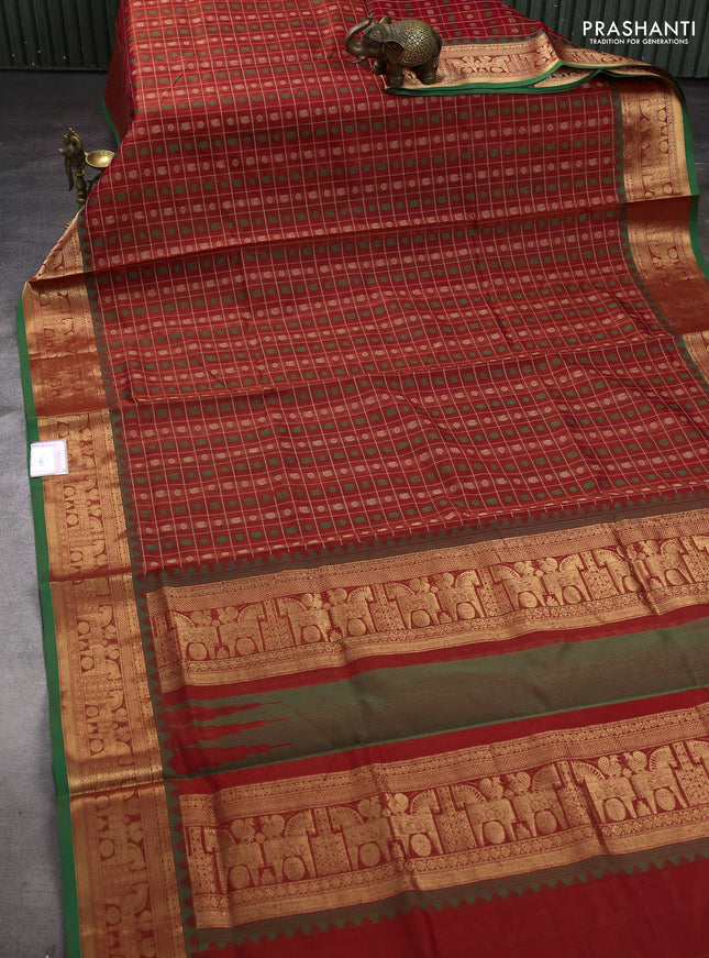 Red & Green Kanchipuram Silk Cotton - Checks