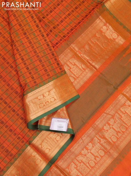 Orange & Green Kanchipuram Silk Cotton - Checks