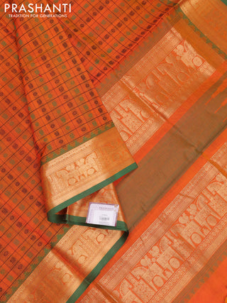 Orange & Green Kanchipuram Silk Cotton - Checks