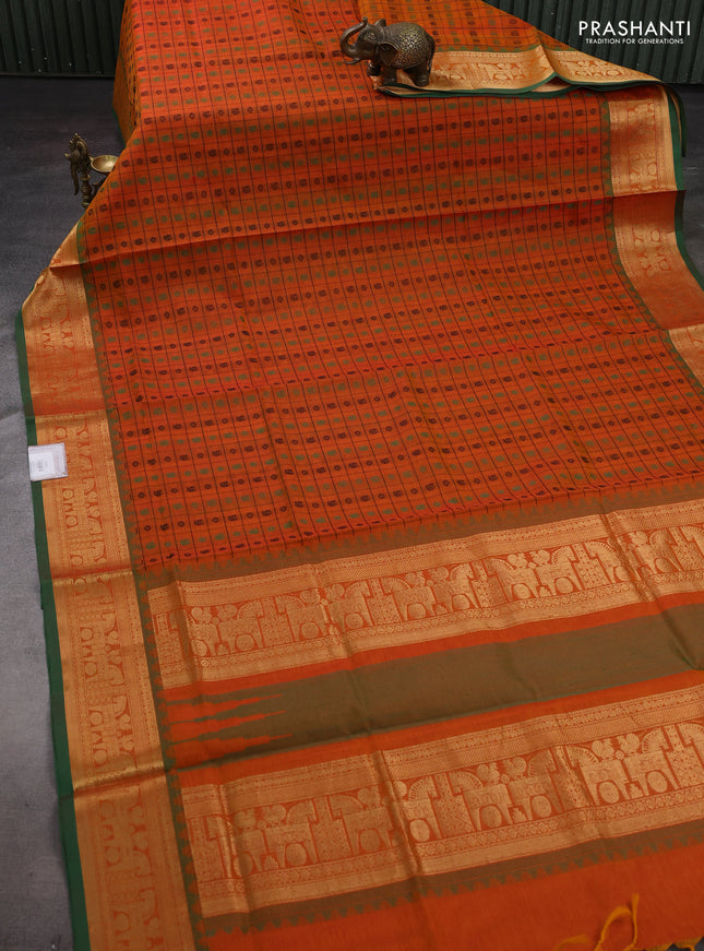 Orange & Green Kanchipuram Silk Cotton - Checks
