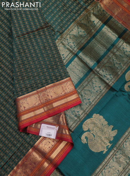 Peacock Green & Red Kanchipuram Silk Cotton - Checks