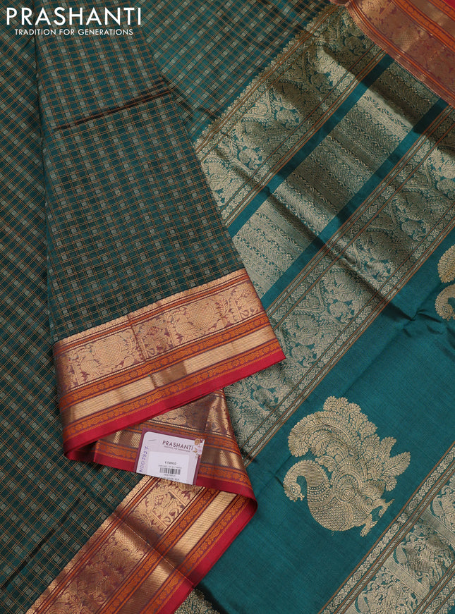 Peacock Green & Red Kanchipuram Silk Cotton - Checks