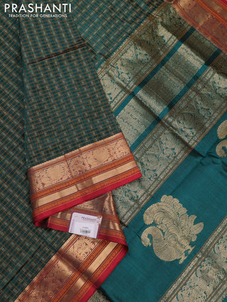 Peacock Green & Red Kanchipuram Silk Cotton - Checks