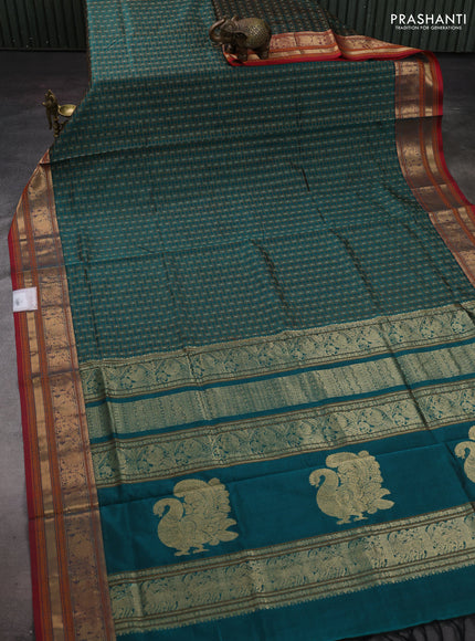Peacock Green & Red Kanchipuram Silk Cotton - Checks
