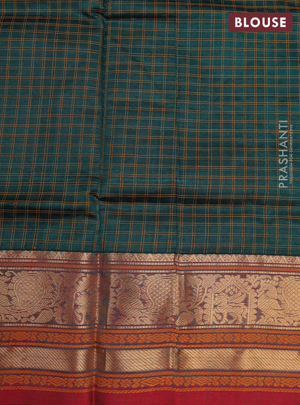 Peacock Green & Red Kanchipuram Silk Cotton - Checks