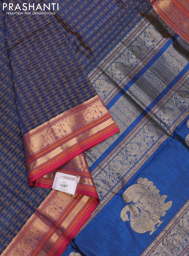 Peacock Blue & Red Kanchipuram Silk Cotton - Checks