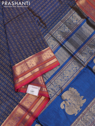 Peacock Blue & Red Kanchipuram Silk Cotton - Checks
