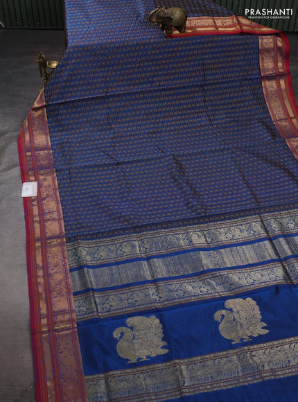 Peacock Blue & Red Kanchipuram Silk Cotton - Checks
