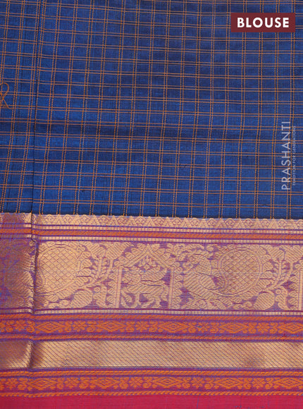Peacock Blue & Red Kanchipuram Silk Cotton - Checks