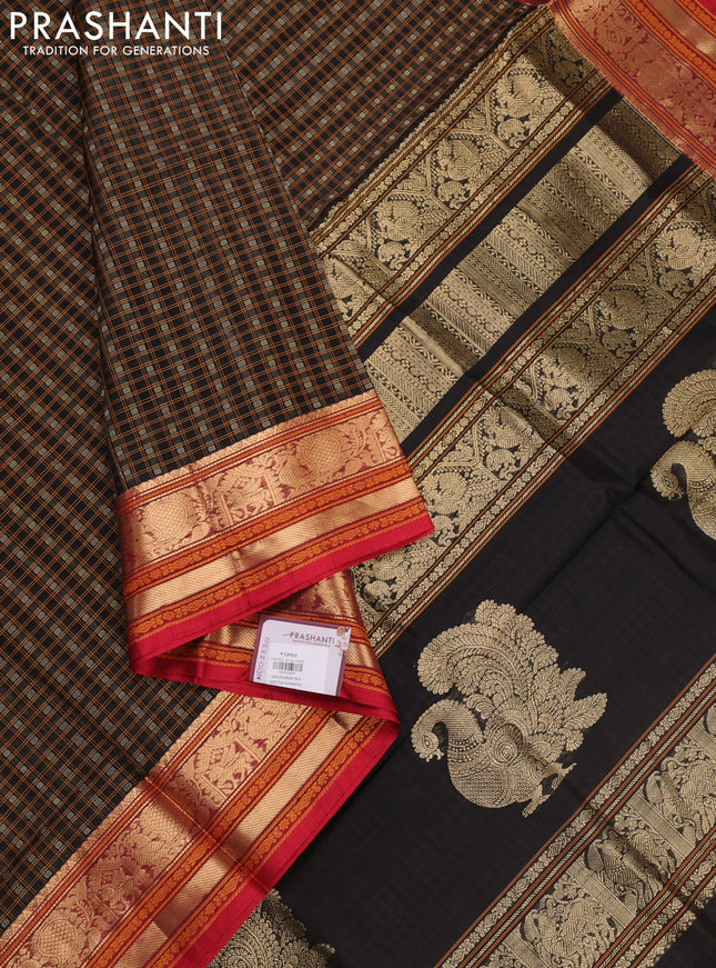 Black & Red Kanchipuram Silk Cotton - Checks