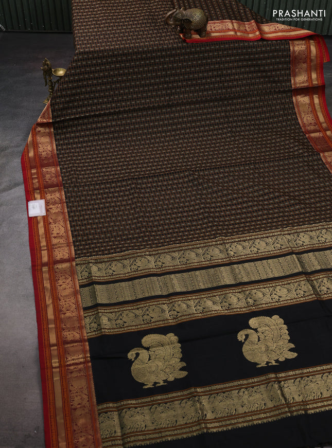 Black & Red Kanchipuram Silk Cotton - Checks