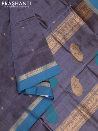 Grey & Peacock Blue Kanchipuram Silk Cotton - Buttas