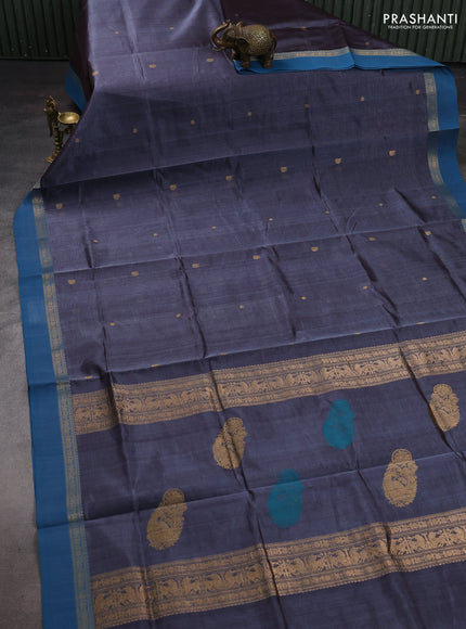 Grey & Peacock Blue Kanchipuram Silk Cotton - Buttas