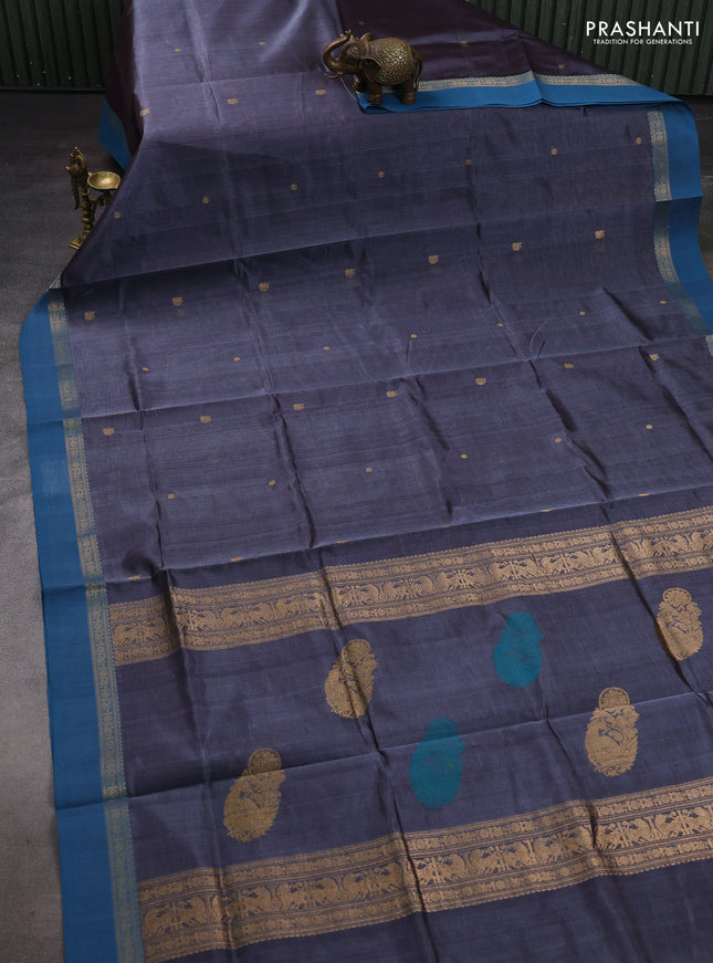 Grey & Peacock Blue Kanchipuram Silk Cotton - Buttas