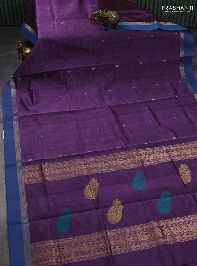 Purple & Peacock Blue Kanchipuram Silk Cotton - Buttas