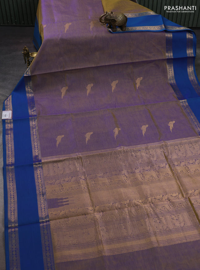 Purple & Peacock Blue Kanchipuram Silk Cotton - Buttas