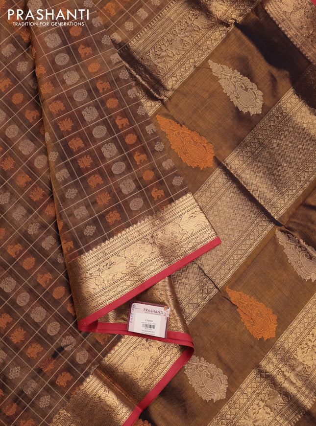 Brown & Red Kanchipuram Silk Cotton - Checks