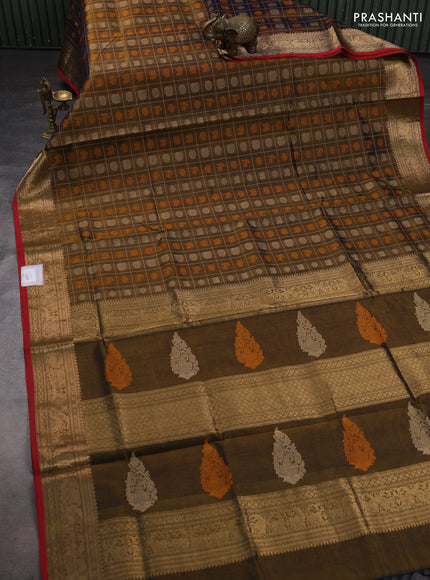 Brown & Red Kanchipuram Silk Cotton - Checks