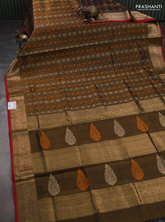 Brown & Red Kanchipuram Silk Cotton - Checks