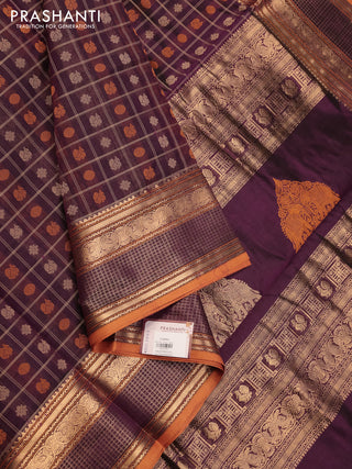 Purple & Mustard Yellow Kanchipuram Silk Cotton - Checks
