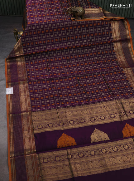 Purple & Mustard Yellow Kanchipuram Silk Cotton - Checks