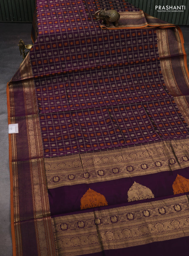 Purple & Mustard Yellow Kanchipuram Silk Cotton - Checks