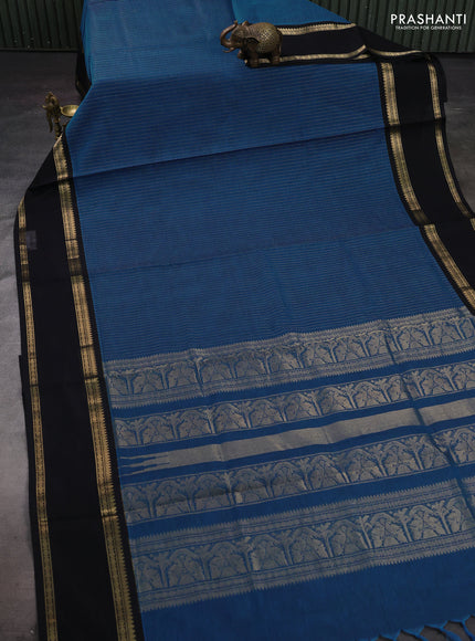 Peacock Blue & Black Kanchipuram Silk Cotton Saree