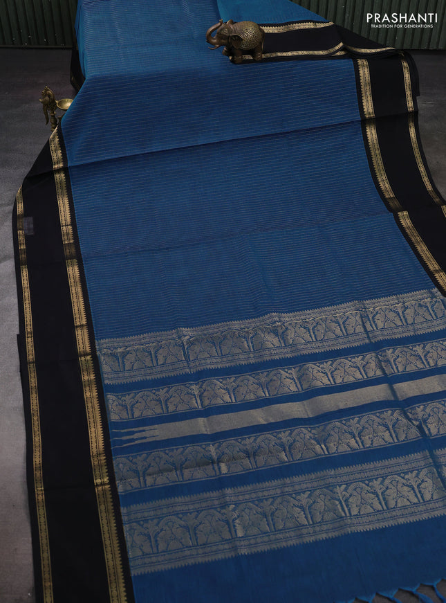 Peacock Blue & Black Kanchipuram Silk Cotton Saree