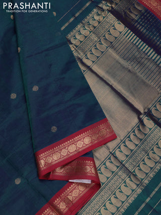 Peacock Blue & Maroon Kanchipuram Silk Cotton - Buttas