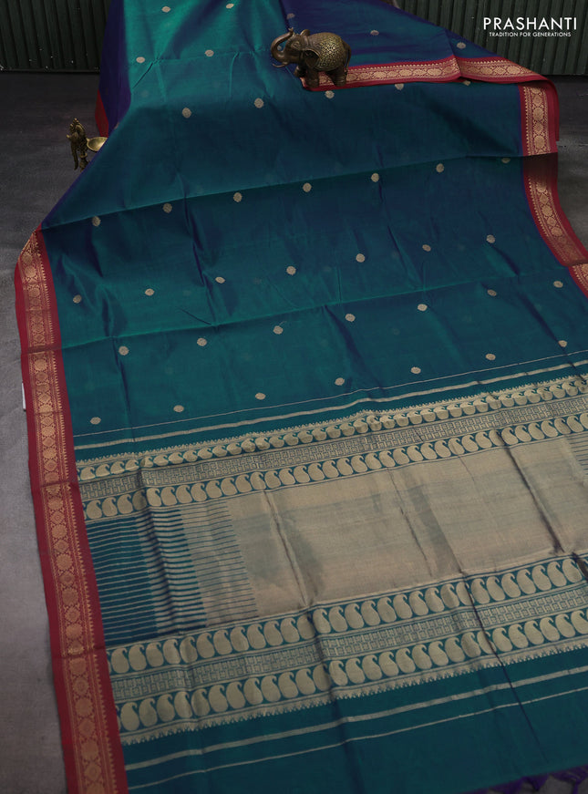 Peacock Blue & Maroon Kanchipuram Silk Cotton - Buttas