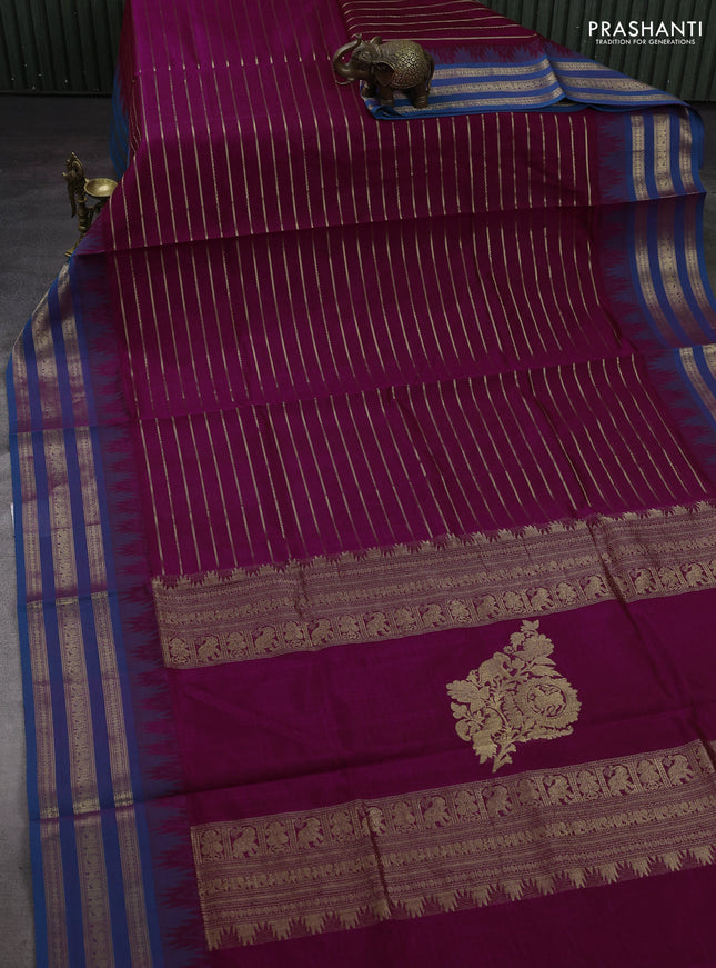 Magenta Pink & Peacock Blue Kanchipuram Silk Cotton Saree